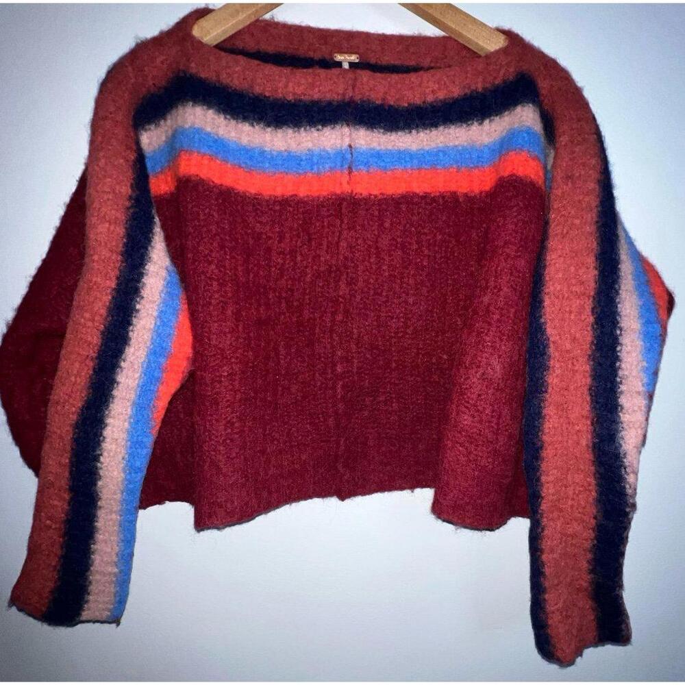 Free People Cropped Mohair-Blend Stripe Sweater in Burgundy, Rust, Blue